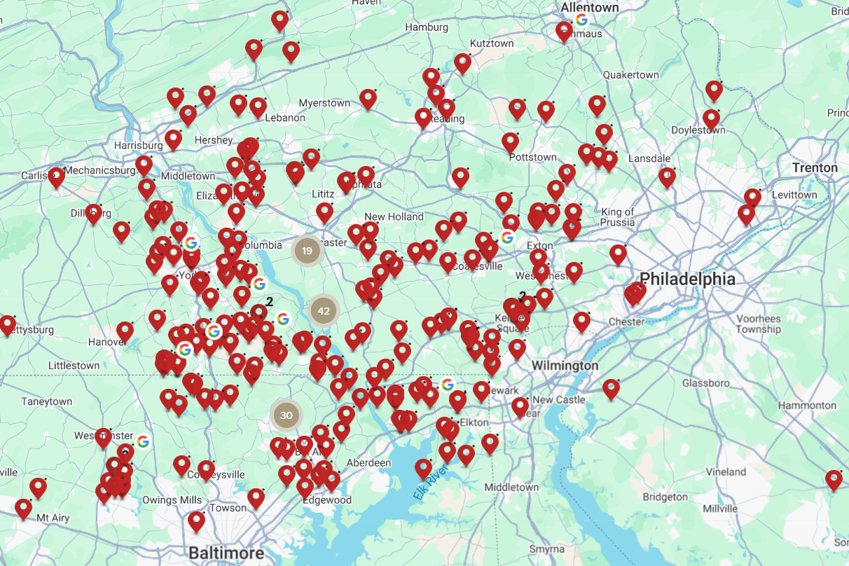 A map with pins denoting the locations of JJ's Builders' previous projects.