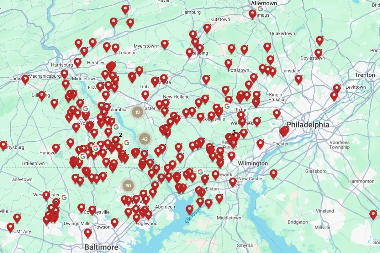 A map with pins denoting the locations of JJ's Builders' previous projects.